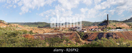 Mount Morgan Mine was a copper, gold and silver mine in Queensland, Australia. Mining began at Mount Morgan in 1882 and continued until 1981. Over its Stock Photo