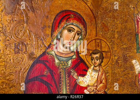 An icon of Virgin Hodegetria (Our Lady of the Way). Around 1550-1580. From the wooden church of Saint Demetrius in Rovne, Slovakia. Stock Photo