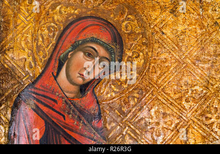 Bardejov, Slovakia. 2018/8/9. An icon of the Virgin Mary in an icon of the Deesis (Deisis), with their hands raised in supplication to Christ. Stock Photo