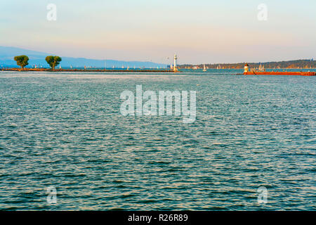 Geneva, Switzerland - August 30, 2016: Pier at Geneva Lake in Geneva city, Switzerland Stock Photo