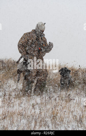 A duck hunter and his dog in a snow storm Stock Photo