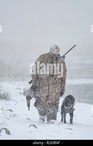 A duck hunter and his dog in a snow storm Stock Photo