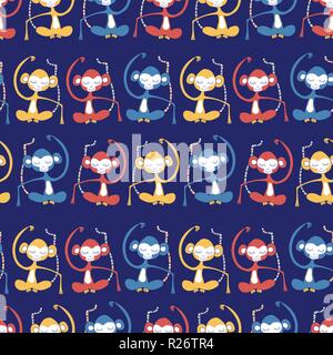 Monkeys in a row on blue seamless pattern background. Cute meditating monkeys. Great for kids market, kids decor, boys, fabric design, wallpaper, scra Stock Vector