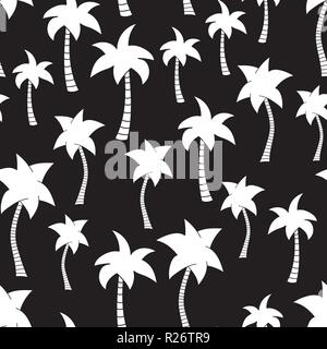 Palm tree silhouettes seamless vector pattern background. White tropical palm trees on black. Great for web banner, fabric, paper, beach, advertisemen Stock Vector