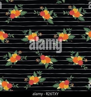 Autumn flower bouquets on black and white stripes seamless vector repeat pattern background. Abstract fall floral design on hand drawn lines. Vintage  Stock Vector