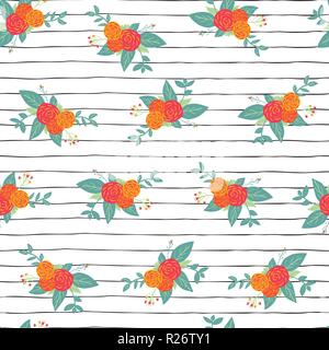 Seamless repeat flower bouquets on black and white stripes vector pattern background. Pink, yellow, orange abstract roses and foilage on hand drawn li Stock Vector