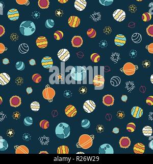 Planets and stars seamless vector background. Doodle space galaxy design. Red, orange, yellow, blue on dark blue background. Great for childrens marke Stock Vector
