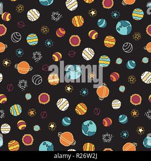 Space galaxy seamless vector background. Doodle stars and planets design. Red, orange, yellow, blue on a black background. Great for childrens market. Stock Vector