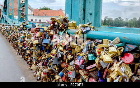 Symbolic love lockers on the Tumski Bridge in Wroclaw, Poland Stock Photo
