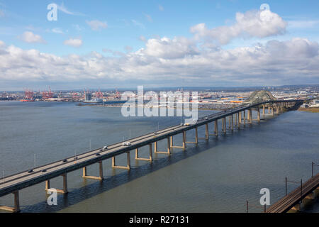 helicopter aerial view of Newark Bay Bridge, officially the Vincent R. Casciano Memorial Bridge, Newark Bay, New Jersey, USA Stock Photo