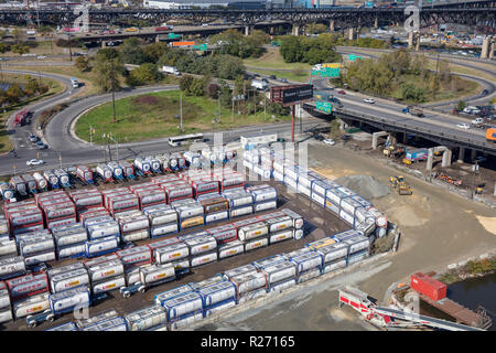 helicopter aerial view of Boasso America ISO tank storage depot, New Jersey, USA Stock Photo