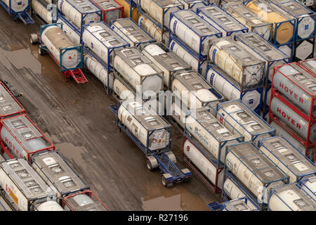 helicopter aerial view of Boasso America ISO tank storage depot, New Jersey, USA Stock Photo