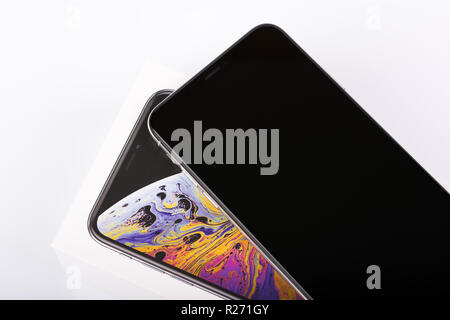 BURGAS, BULGARIA - NOVEMBER 8, 2018: Apple iPhone Xs Max Silver on white background, front view. Stock Photo