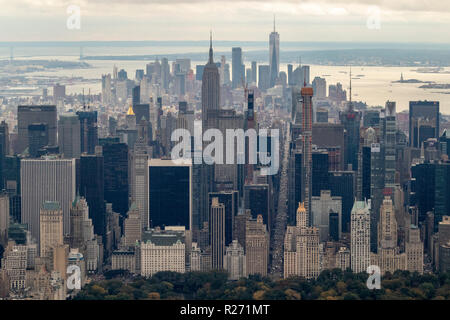 helicopter aerial view of midtown Manhattan from Central Park, New York City, USA Stock Photo