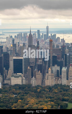 helicopter aerial view of midtown Manhattan from Central Park, New York City, USA Stock Photo