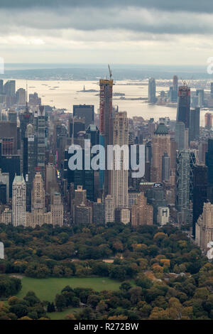 helicopter aerial view of midtown Manhattan from Central Park, New York City, USA Stock Photo