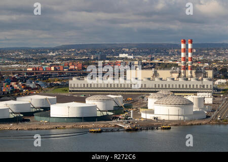 helicopter aerial view of The Newark Energy Center and adjacent fuel storage tanks, Newark, New Jersey, USA Stock Photo