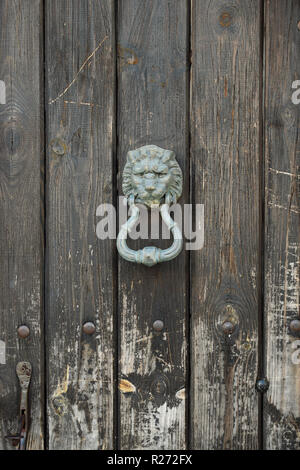 Vintage lion head door knocker and weathered wooden gate background. Stock Photo