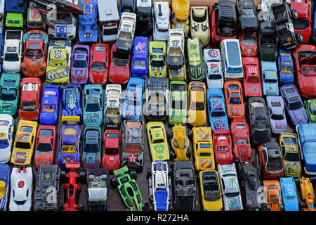 ATHENS, GREECE - SEPTEMBER 14, 2018: Vintage miniature toy cars background. Scale models collection at street market. Stock Photo