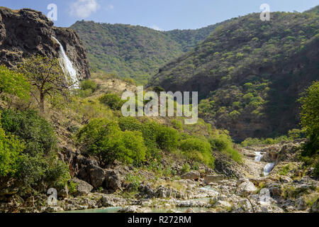 Green Wadi Darbat and waterfall, Dhofar region, Oman. Stock Photo