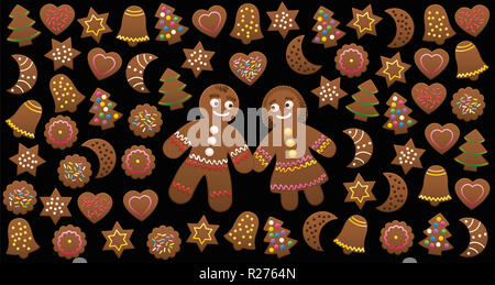 Gingerbread man and woman in love among Christmas cookies with different familiar shapes and colorful sweet decorations. Illustration on black. Stock Photo