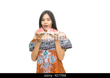 portrait of beautiful asian woman with watermelon isolated on white background. summer and vacations Stock Photo