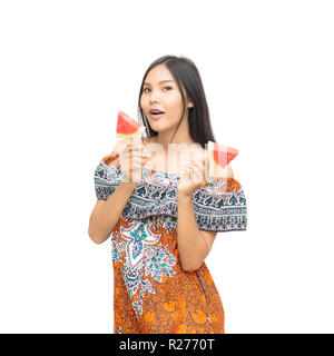 portrait of beautiful asian woman with watermelon isolated on white background. summer and vacations Stock Photo