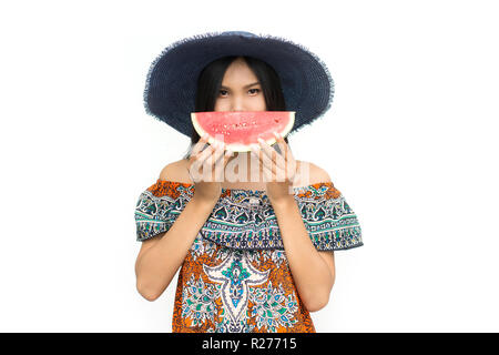 portrait of beautiful asian woman with watermelon isolated on white background. summer and vacations Stock Photo