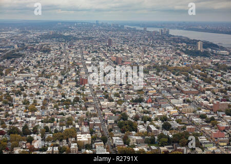 helicopter aerial view of The Heights and Hoboken, NJ, USA, New Jersey, USA Stock Photo