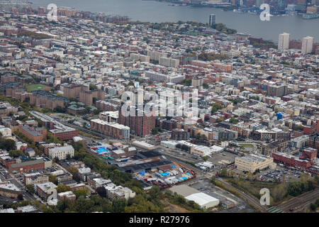 helicopter aerial view of The Heights and Hoboken, NJ, USA, New Jersey, USA Stock Photo