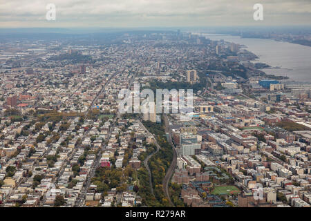 helicopter aerial view of The Heights and Hoboken, NJ, USA, New Jersey, USA Stock Photo