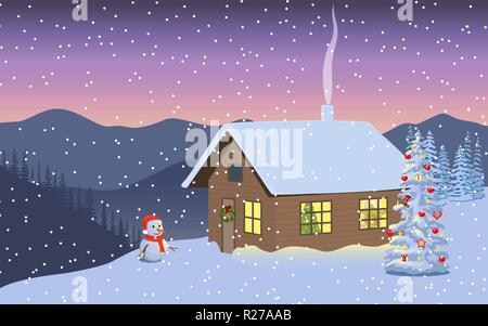 Winter evening twilight, night with illuminated house, snowman in santa hat, distant mountains, decorated x-mas tree, Snow flurry, chimney smoke, fore Stock Vector
