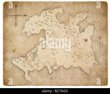 Old torn treasure map with compass and spyglass top view still life ...