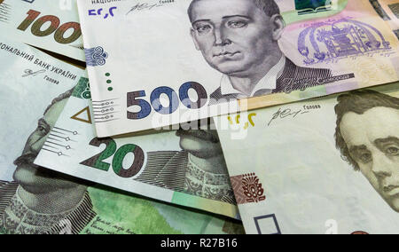 Close up vie of ukrainian money 100, 500 grivnia  hryvnia for design and creative projects. Stock Photo