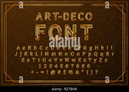 Golden art-deco retro font, full set of vintage latin symbols with numbers and signs Stock Vector