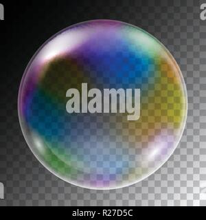 Realistic illustration of colorful soap bubbles of round shape with reflections, isolated on transparent background - vector Stock Vector