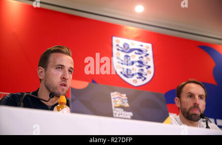 England's Harry Kane (left) and manager Gareth Southgate during the press conference at the Grove Hotel, Hertfordshire. Stock Photo