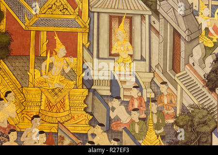 Bangkok, Thailand : Mural painting at the shrine of the 46 m long reclining Buddha at Wat Pho Buddhist temple, built by Rama III in 1832. Stock Photo