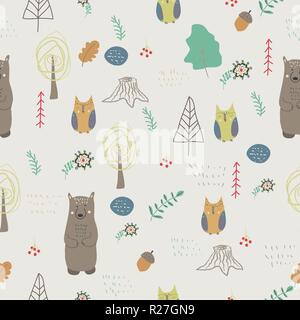 Forest animals. Seamless pattern in scandinavian style. Creative kids texture for fabric, wrapping, textile, wallpaper, apparel. Vector illustration. Stock Vector