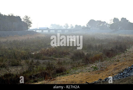 thick smoke over Alameda Creek trail at 880 overpass in Union City from the Paradise fire, California, November 16, 2018 Stock Photo