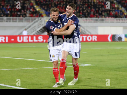 Scotland's Ryan Fraser (left) celebrates scoring his side's first goal of the game with team-mate Ryan Christie during the UEFA Nations League, Group C1 match at the Loro Borici Stadium, Shkoder. Stock Photo