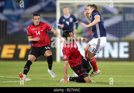 Albania's Mergim Mavraj fouls Scotland's James Forrest during the UEFA Nations League, Group C1 match at the Loro Borici Stadium, Shkoder. Stock Photo