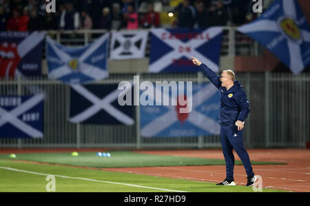 Scotland manager Alex McLeish gestures on the touchline during the UEFA Nations League, Group C1 match at the Loro Borici Stadium, Shkoder. Stock Photo