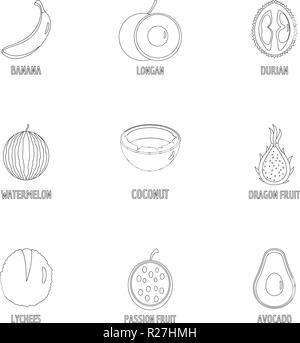 Sweet fruit icons set. Outline set of 9 sweet fruit vector icons for web isolated on white background Stock Vector