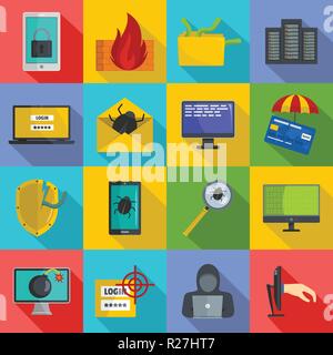 Cyber attack computer virus icons set. Flat illustration of 16 cyber attack computer virus vector icons for web Stock Vector