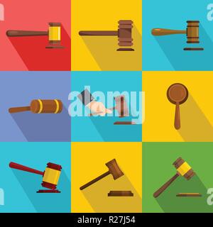 Judge hammer icons set. Flat illustration of 9 judge hammer vector icons for web Stock Vector