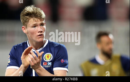 Scotland's Scott McTominay reacts after the final whistle during the UEFA Nations League, Group C1 match at the Loro Borici Stadium, Shkoder. Stock Photo