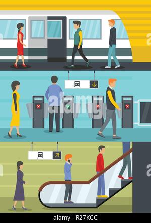 Subway train station banner concept set. Flat illustration of 3 subway train station vector banner horizontal concepts for web Stock Vector