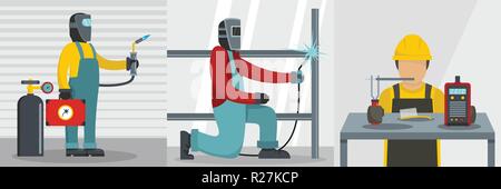 Welder worker banner concept set. Flat illustration of 3 welder worker vector banner horizontal concepts for web Stock Vector