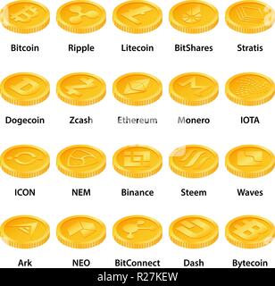 Cryptocurrency types icons set. Isometric illustration of 25 cryptocurrency types vector icons for web Stock Vector